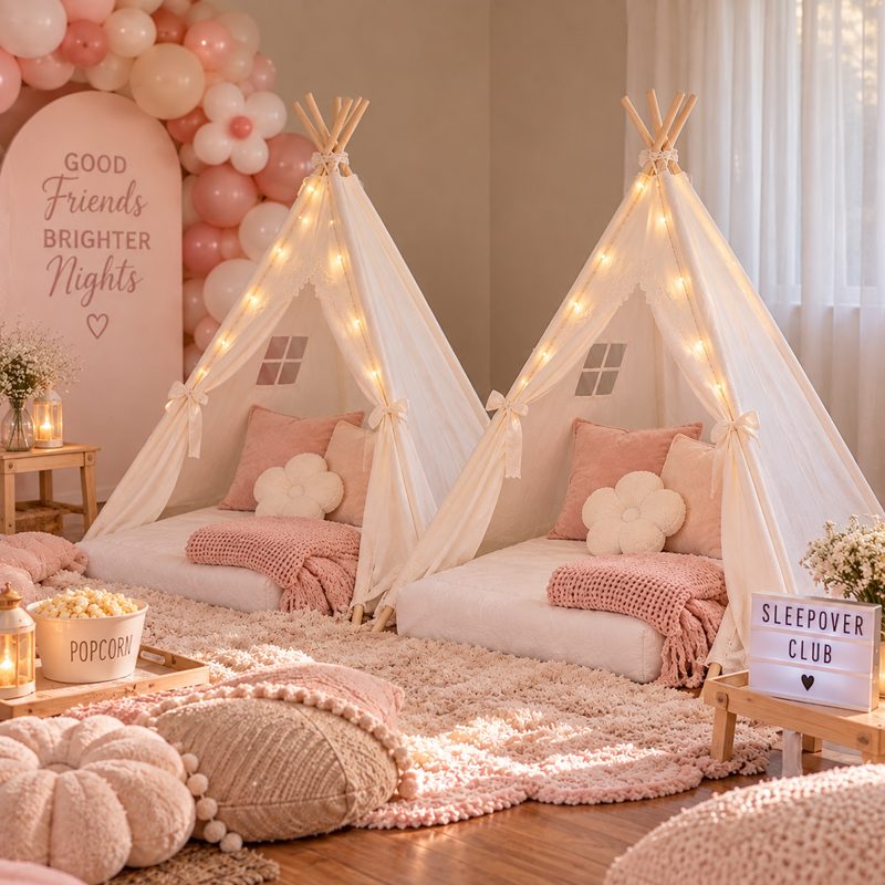 Two styled teepee tents sleepover setup