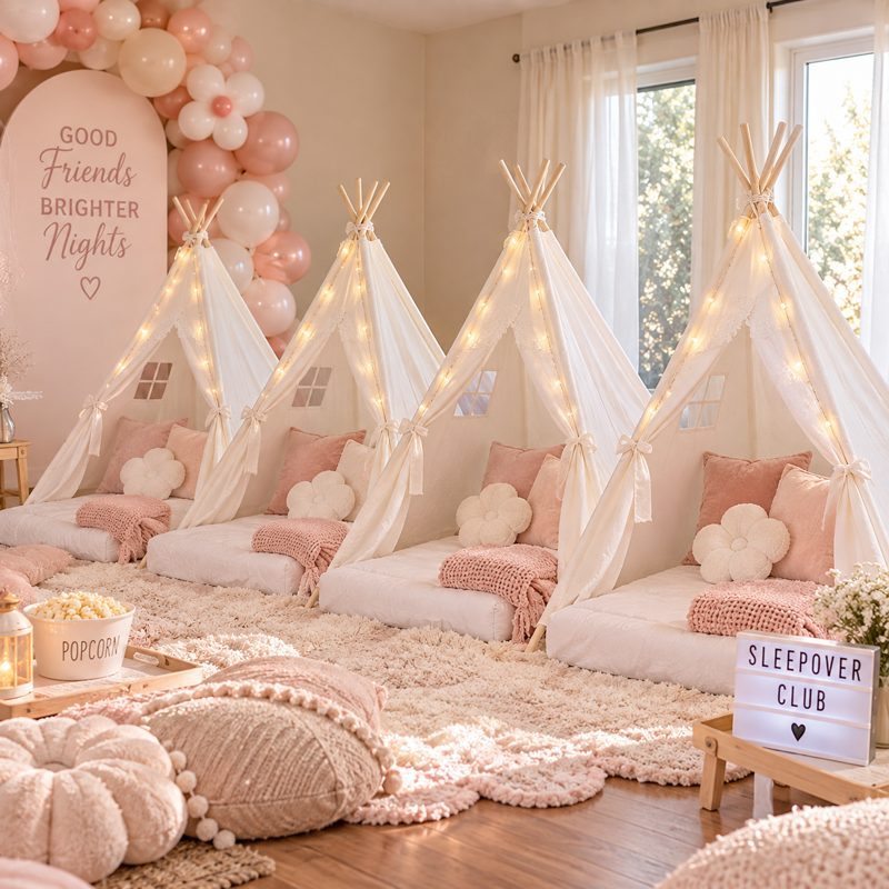 Four styled teepee tents sleepover setup