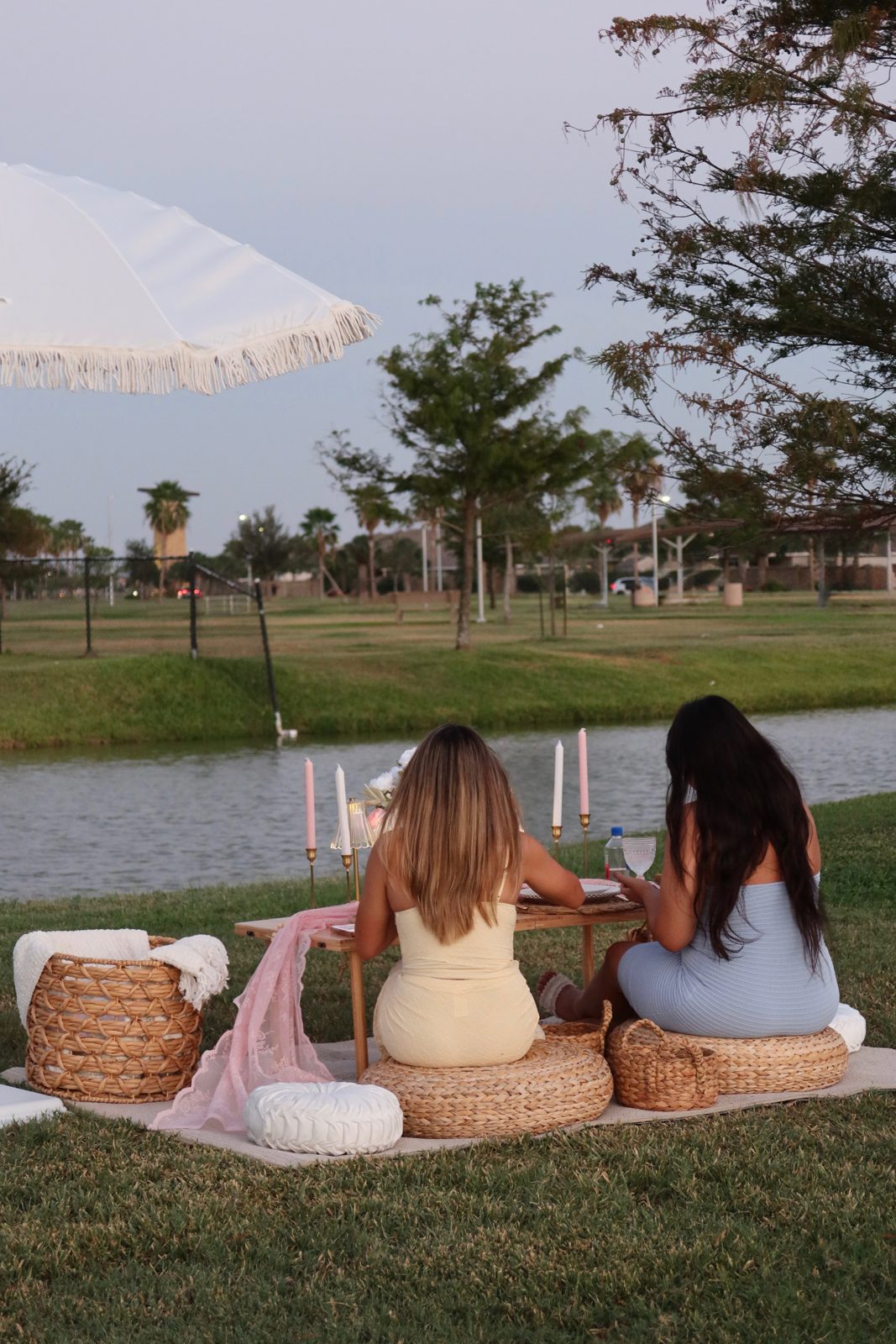 Friends enjoying a Le Blush picnic by the lake