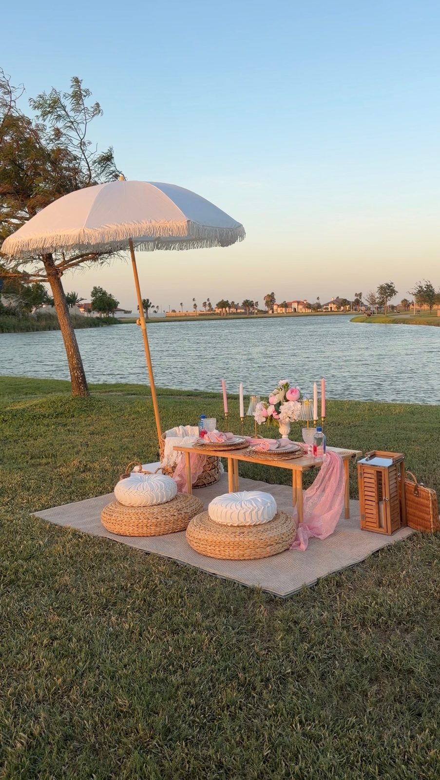 Full Le Blush picnic setup at dusk